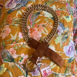 Vintage Leather & Chain Belt | Gold-tone Chain